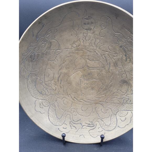 Antique Chinese Etched Heavy Brass Dragon Bowl Dish Hand Carved - Picture 2 of 5
